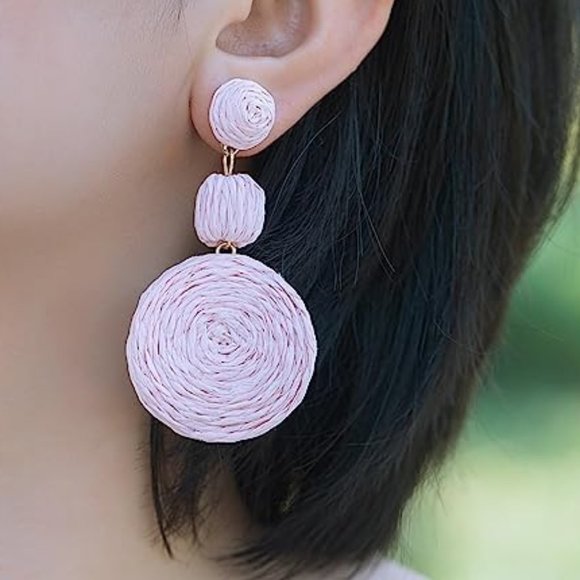 Chunky Petal Pink Raffia Earrings Wicker Bold Retro Statement Dangle 80s 90s New - Picture 4 of 7